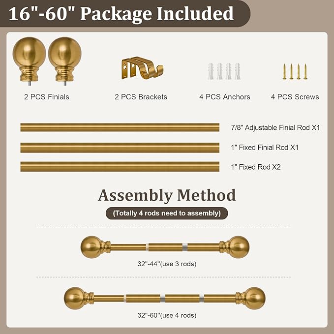 Modern Gold Curtain Rods for Windows 28 to 48 Inch 1" Diameter Adjustable Heavy Duty Brass Window Curtain Rod with Metal Finials for Living Room Bedroom Farmhouse Kitchen Outdoor