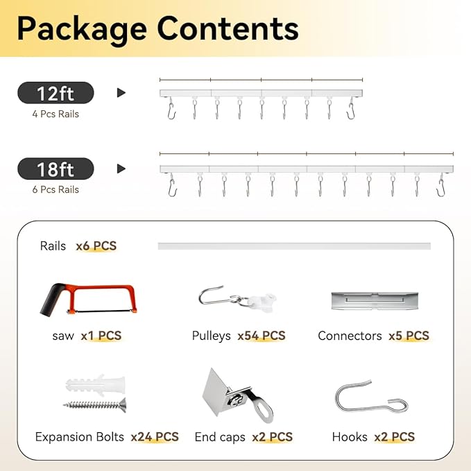 Curtain Track, Ceiling Curtain Track for Room Divider, Ceiling Mount Rail Set with Roller Hooks, White, 12ft - 18ft
