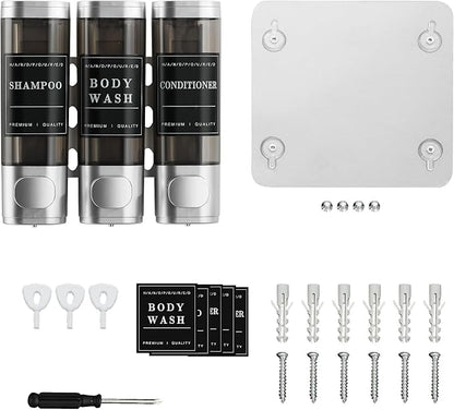 Shower Soap Dispenser 3 Chamber No Drill Wall-Mounted,Shampoo and Conditioner Dispenser Shampoo Dispenser for Shower Wall Mounted Body Wash Dispenser for Bathroom Hotel Kitchen Large Capacity