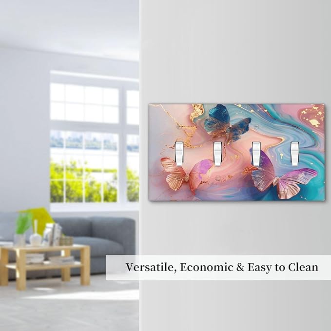 Colorful Marble Butterfly Gold Glitter Abstract Print Light Switch Covers Quad Toggle Electrical Faceplate 4 Gang Wall Plate Decorative Switch Plates for Bed Room Living Room Decor