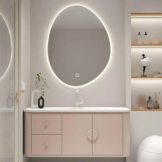 36IN Pink Modern Bathroom Vanity - Bathroom Vanities Set with 2 Drawers Wall Mounted | Rounded Corner Smart Defogging Mirror Cabinet with Lighting & Time Display, Side Opening Storage Shelf (Style B)