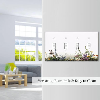 Light Switch Cover Plate White Background Colorful Flowers Plants Green Leaves 4 Gang Quad Toggle Wall Plate Electrical Outlet Cover Decorative Switch Plate Covers for Bedroom Home Decor