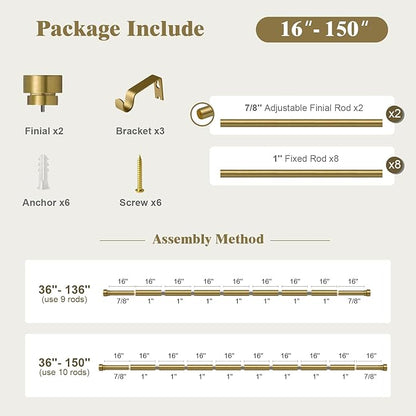 Oneach Heavy Duty Curtain Rods for Windows 72 to 144 Inch, 1 Inch Antique Gold Curtain Rod, Adjustable Length Rod with Metal Finials, Modern Decorative for Bedroom Kitchen Living Room (16 to 150 Inch)