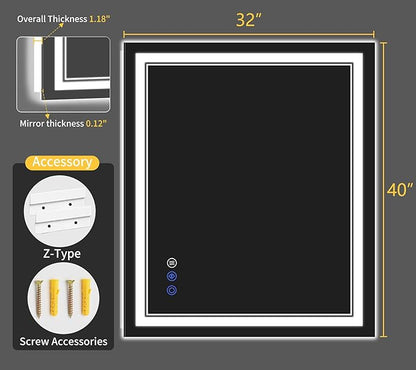 32"x40" LED Bathroom Mirror with Lights, Anti-Fog, Backlit + Front Lit, Dimmable, Led Vanity Mirror for Wall, Lighted Bathroom Mirror, 3 Colors, Shatter-Proof Tempered Glass
