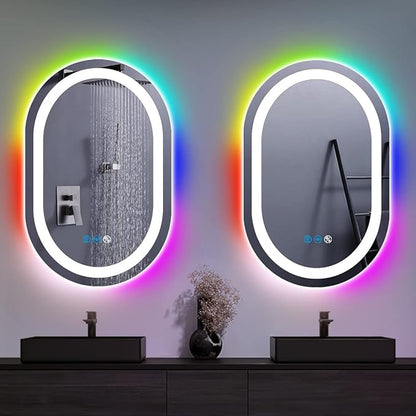 24 x 16 Inch RGB Oval Bathroom Mirror with Smart Dimmable 3 Color Front Lights & Rainbow Colorful Changing Backlit Oval Lighted Vanity Mirror for Bathroom Wall Horizontal or Vertical Mounted