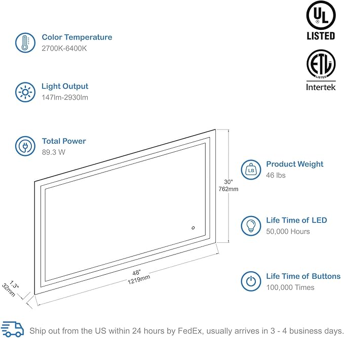Blossom 48X30 LED Bathroom Mirror with Lights, Anti-Fog, Dimmable, Backlit & Front Lit, Lighted Bathroom Vanity Mirror for Wall, Memory Function, Waterproof, Tempered Glass, Smart Vanity Makeup Mirror