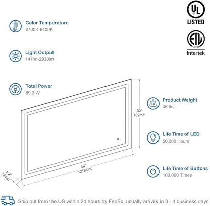 Blossom 48X30 LED Bathroom Mirror with Lights, Anti-Fog, Dimmable, Backlit & Front Lit, Lighted Bathroom Vanity Mirror for Wall, Memory Function, Waterproof, Tempered Glass, Smart Vanity Makeup Mirror