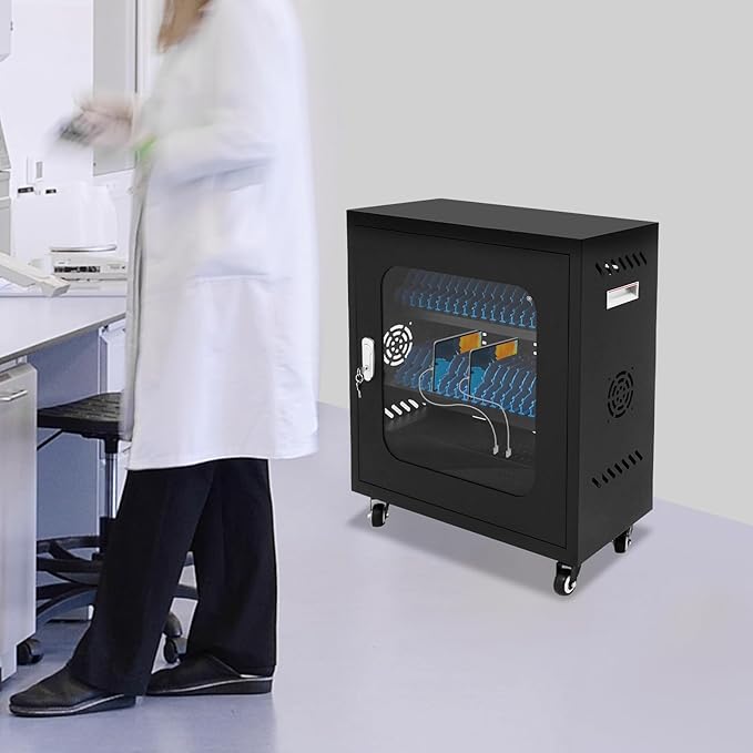 40-Port Mobile Phone Charging Station Cart - Heavy Duty Charging Cabinet for Schools & Offices, 400W Rechargeable Cellphone Locker Storage Lockable Tempered Glass Door & Wheels (Black)