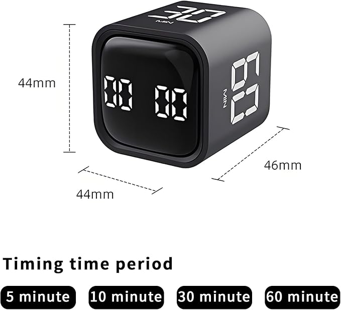 Pomodoro Timer, Cube Productivity Timer with Adjustable Sound and Vibration Alert, Ideal for Work, Office, ADHD, Study, and Tasks - 5/10/30/60 Minutes & Custom Countdown - Black