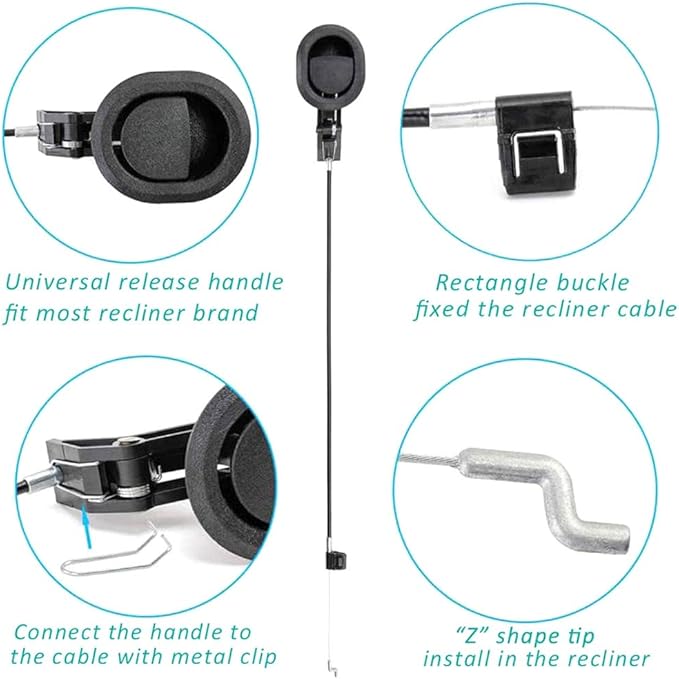2Pcs Universal Couch Recliner Release Pull Handle 3" by 3.5" Replacement Parts with Cable, Fits Ashley Lazy Boy and Most Recliner Sofa Brands, Exposed Cable Length 4.9"
