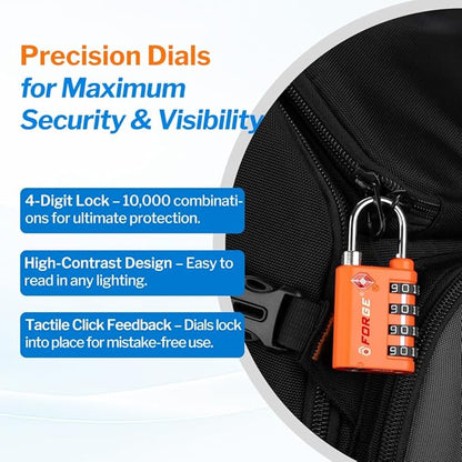 Forge Dual-Opening: Key or Combination Lock, TSA Approved Lock for Luggage, Pelican case, Travel, Gym, School, Luggage Combination Lock, Travel Bag Lock (4 Colors 4 Pk)