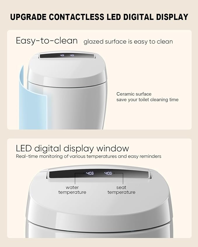TDH Smart Toilet, Tankless Toilets with Foot Sensor Operation, Heated ToiletSeat with Warm Water Sprayer and Dryer, LED Display with Fahrenheit, Round Toilet Seat