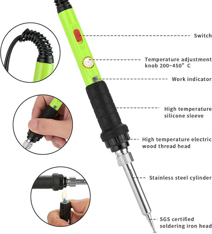 Soldering Iron Kit, 60W Soldering Iron with 5pc Interchangeable Tips, 10-in-1 Adjustable Temperature Solder Welding Tools, Fast Heating, Electronic Repair, 110V, Green