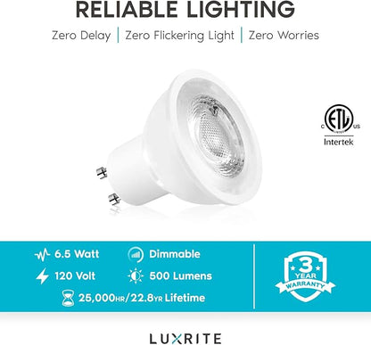 LUXRITE MR16 GU10 LED Bulbs Dimmable, 50W Halogen Equivalent, 2700K Warm White, 500 Lumens, 120V Spotlight LED Bulb GU10, Enclosed Fixture Rated, Perfect for Landscape or Home Lighting (16 Pack)