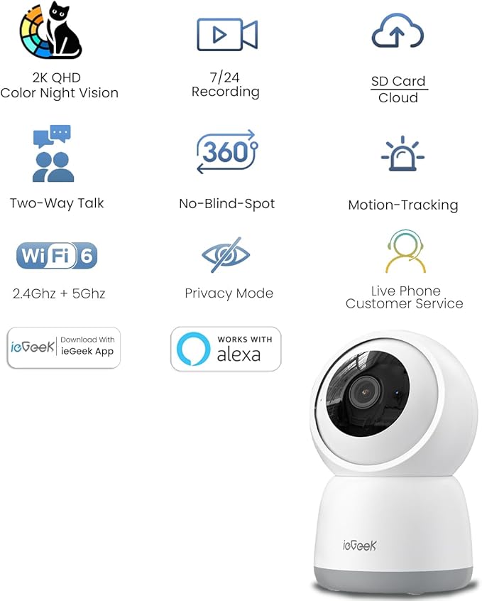 ieGeek 2K Indoor Home Security Cameras，360° Pet Camera with Auto Tracking, Motion & Sound Detection，3MP Night Vision, 2.4G/5G WiFi Dog Camera with Phone App, Cloud & Memory Storage, Works with Alexa