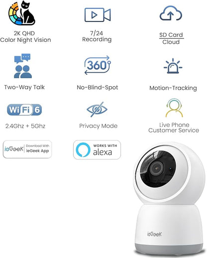 ieGeek 2K Indoor Home Security Cameras，360° Pet Camera with Auto Tracking, Motion & Sound Detection，3MP Night Vision, 2.4G/5G WiFi Dog Camera with Phone App, Cloud & Memory Storage, Works with Alexa
