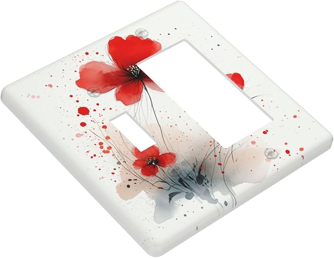 Vintage Watercolor Red Flowers Floral Outlet Covers 1 Toggle 1 Rocker Combination Light Switch Cover Plate Decorative Wall Plate Electrical Switch Plates for Bedroom Bathroom Decor