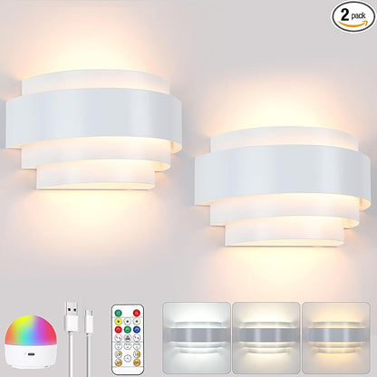 Lightess Battery Operated Wall Sconces Set of 2, Dimmable Rechargeable Wall Lights with Remote Control, Sconces Wall Decor Set of 2 with Bulbs for Bedroom Living Room, White