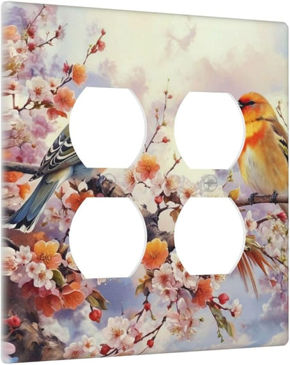 Decorative Outlet Covers Birds Sitting on Tree Branch Pink Flower 2 Gang Wall Plate Double Duplex Light Switch Cover Switch Plate Covers Faceplate for Bedroom Home Decor