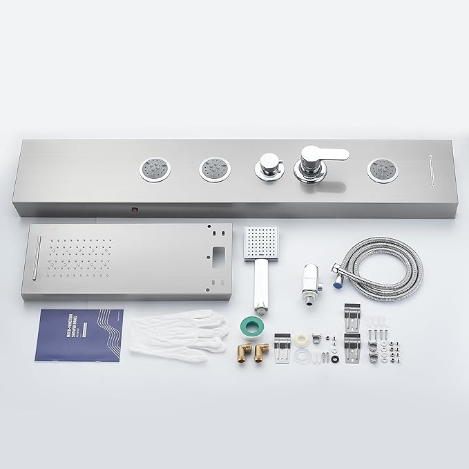 ROVATE LED Shower Panel Tower System with Rainfall Waterfall Shower, Shower Panel with Jets and Rainfall and Handheld, 5 in 1 Brushed Stainless Steel Shower Panel System High Pressure with Tub Spout