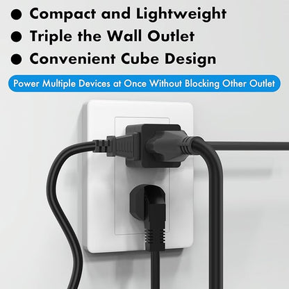 POWERCORDS 3 Power Blocks Outlet Splitter, 3 Pack, Grounded Wall Tap, 3-Prong Plug Adapter AC Multi Plug Wall Outlet, Power Splitter, Cruise Essentials, for Home Office School Dorm, UL Listed,Black