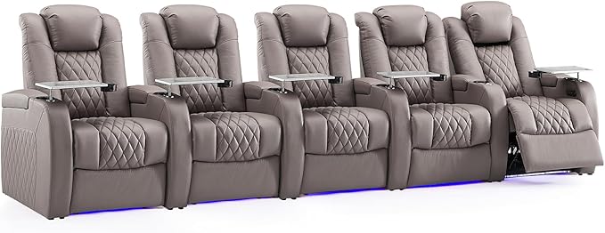 Weilianda Home Theater Seating Top Grain Leather Zero Gravity Recliner Chair Power Headrest Recline Movie Seat Gaming 7 Colors Mood Light Sofa with Tray Table USB Charge Row of 5 Grey