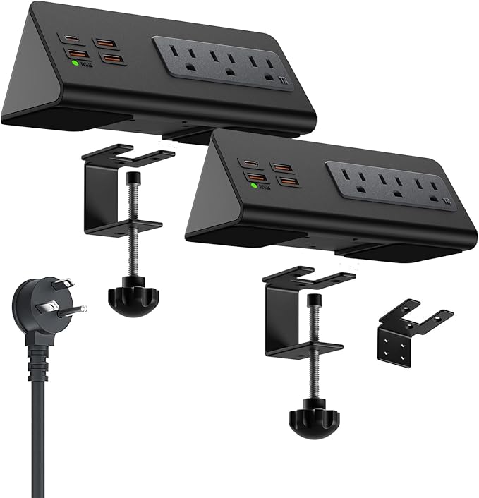 Power charge station edge clamp mount with USB-C portsTabletop Surge Protector Desk Clamp Power Sockets with 3 AC Outlets and 4 Fast Charging USB Ports for Home Office Hotel and Dormitory (Black-2pcs)