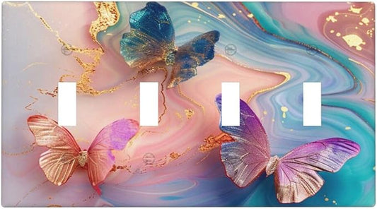 Colorful Marble Butterfly Gold Glitter Abstract Print Light Switch Covers Quad Toggle Electrical Faceplate 4 Gang Wall Plate Decorative Switch Plates for Bed Room Living Room Decor