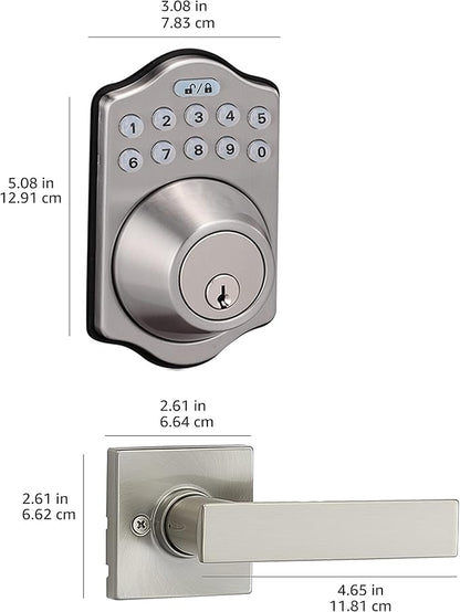 Amazon Basics Traditional Electronic Keypad, Keyless Entry Door Lock Deadbolt with Handle Set, Key Pad Front Door with Knob, Traditional Door Locks for Front Door, Door Handle, Satin Nickel, 6-Pack