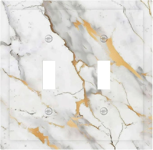 Decorative Switch Plates Marbling Style White Background Gold Gray Stripes 2 Gang Double Toggle Outlet Light Switch Cover Wall Plate Electrical Faceplate For Bathroom Kitchen Decor