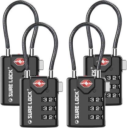 SURE LOCK TSA Compatible Travel Luggage Locks, Inspection Indicator, Easy Read Dials TSA Approved with Zinc Alloy Black 4 Pack