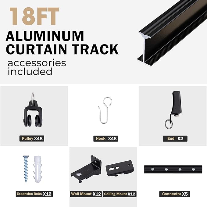 Aluminum Ceiling Curtain Track Set with Hooks Ceiling Mount and Wall Mount Room Divider Sliding Curtain Tracks Rods Flexible Heavy Duty Curtain Rail Hook Sets,Black,18FT