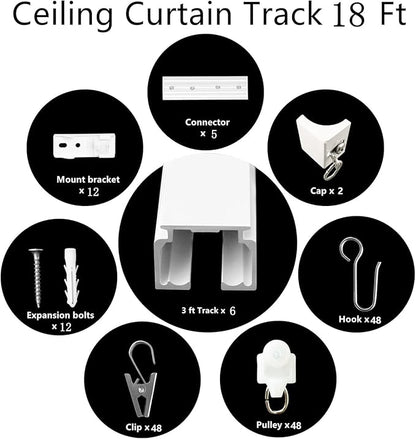 Ceiling Mount Curtains Track Room Divider Privacy Partition Separator Curtain Tracks Rods Heavy Duty RV Shower Outdoor Rail Clip Hook Set, White 3-18ft