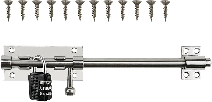 Sliding Bolt Door Latch, 201 Stainless Steel Barrel Bolt Lock, 30mm Combo Padlock Included, Heavy Duty Slide Gate Latch with 12 Screws, Silver Finish