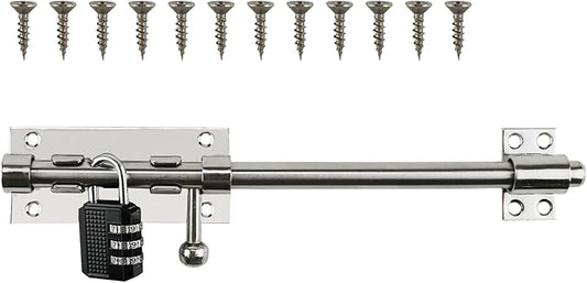 Sliding Bolt Door Latch, 201 Stainless Steel Barrel Bolt Lock, 30mm Combo Padlock Included, Heavy Duty Slide Gate Latch with 12 Screws, Silver Finish