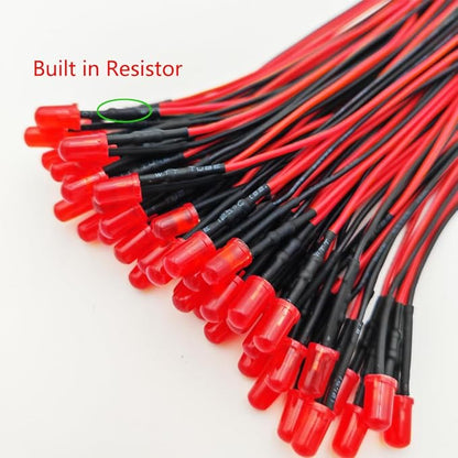 50pcs 3V-4.5V-5V-6V-7.5V-9V-12VDC 5mm Red LED Lights Emitting Diodes, 12VDC Prewired 7.9 Inch V LED Light Diffused Colored Lens Small LED