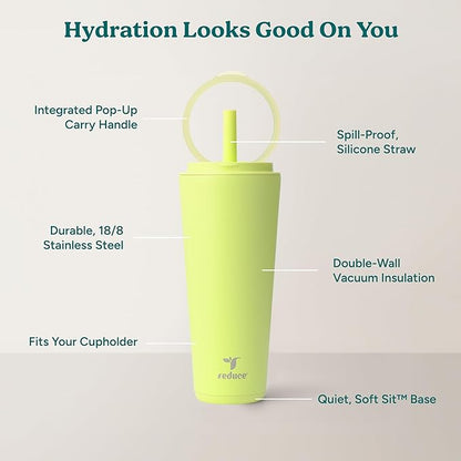 REDUCE Halo 32 oz Stainless Steel Vacuum Insulated Tumbler - Spill Proof Travel Mug with Flip Handle Lid - Keeps Drinks Cold for 32 Hrs - Dishwasher Safe - Cupholder Friendly - Mojito