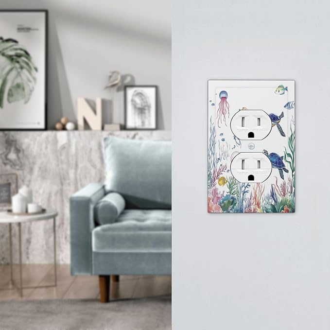Blue Sea Turtle Ocean Fish Octopus Coral Outlet Covers 1 Gang Duplex Light Switch Cover Decorative Switch Plates Electrical Receptacle Faceplate Wall Plate For Bathroom Kids Room Decor