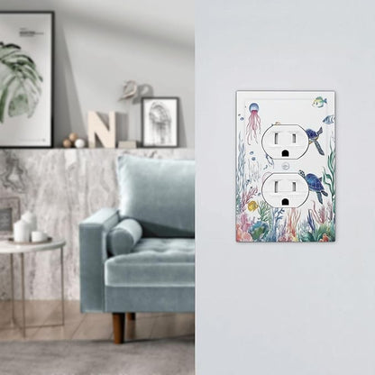 Blue Sea Turtle Ocean Fish Octopus Coral Outlet Covers 1 Gang Duplex Light Switch Cover Decorative Switch Plates Electrical Receptacle Faceplate Wall Plate For Bathroom Kids Room Decor
