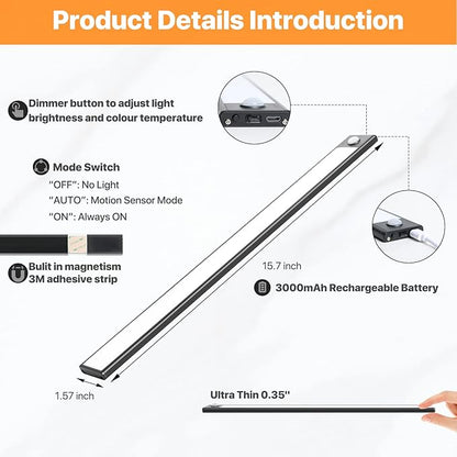 Under Cabinet Lights, 69 LED Closet Lights Wireless USB Charging, 3000mAh Battery Operated Motion Sensor Lighting Indoor 3 Color Dimmable 2 Pack