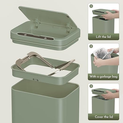 ELPHECO Stainless Steel Office Trash Can Motion Sensor Garbage Can Touchless Smart Trash Can Automatic Waste Bin for Kitchen, Office, Bathroom (Avocado Green, 6.6 Gallons), 2AA