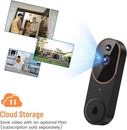1080p Wireless Video Doorbell Camera, AI Human Detection, Live View, Night Vision, Cloud Storage, 2.4G WiFi, Battery Powered, Indoor Outdoor Surveillance (Comes with Doorbell Receiver)