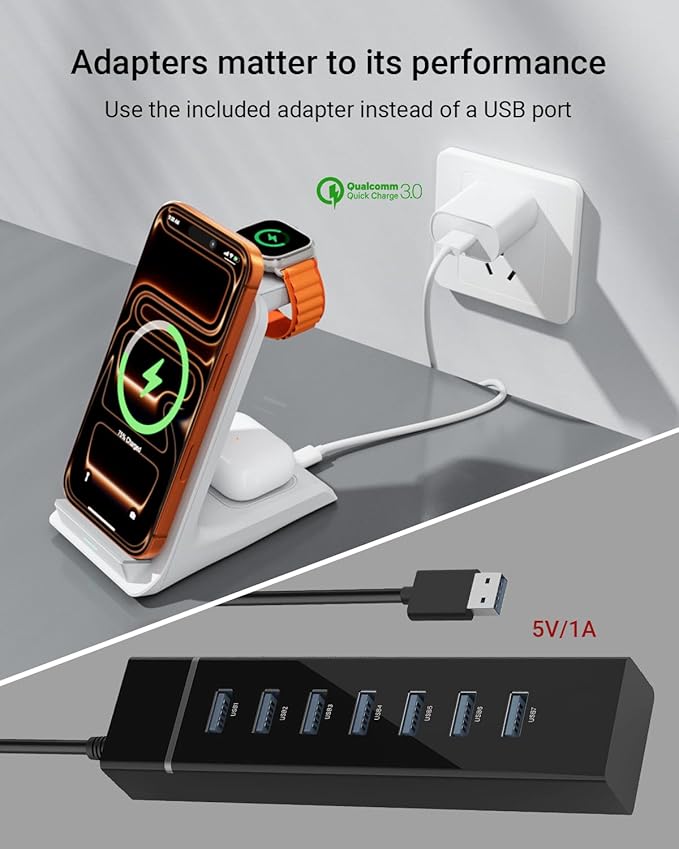 Wireless Charger for Thick Cases of 10MM/Otterbox/for Popsocket, 3 in 1 Charging Dock for iPhone 17 16 15 14 13 Pro Max, Charging Station for Multiple Devices for Apple Watch/AirPods