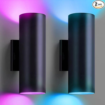 SHIMR Color Changing Outdoor Lights 2 Pack, RGB 2700K-6500K Smart Porch Lights with Remote, Cylinder Exterior Lighting Fixtures Aluminum Anti-Rust, Up and Down Lighting for House [ETL Listed]