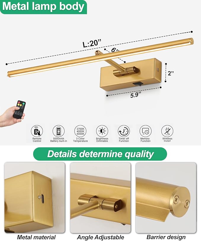 Battery Operated Picture Light with Wireless Remote 3CCT Dimmable Gold Wall Art Lights for Paintings 3 Color Rechargeable cordless decor Gallery Light 20’‘ Artwork Lighting for Canvas Timer Function