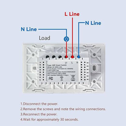 Smart Light Switch 20A 118X72X34MM Need Neutral Wire,2.4GHz Wi-Fi Touch Switch,Work with Smart Life/Tuya App, Compatible with Alexa and Google Home, White 1 Gang