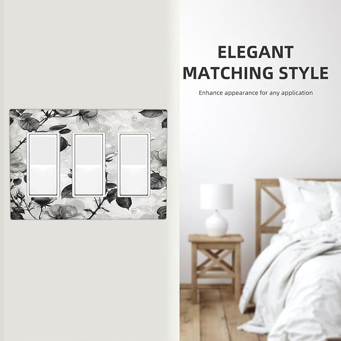 Light Switch Covers Black Breezy Watercolor Garden Floral 3 Gang Rocker Electrical GFCI Decorative Triple Outlet Wall Plate Cover Switchplate for Bedroom Home Decor