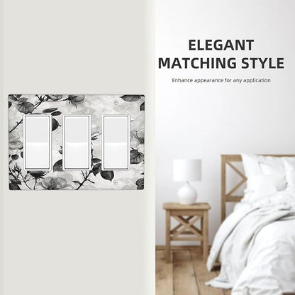 Light Switch Covers Black Breezy Watercolor Garden Floral 3 Gang Rocker Electrical GFCI Decorative Triple Outlet Wall Plate Cover Switchplate for Bedroom Home Decor