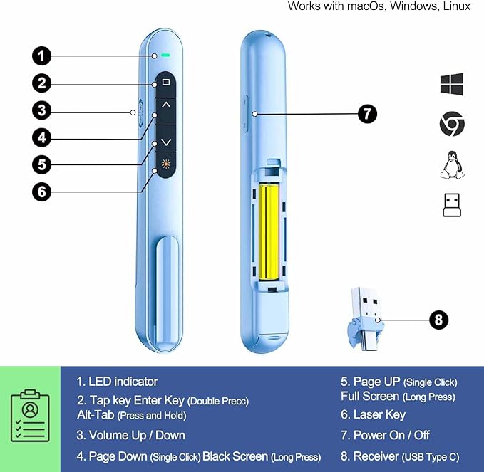 QUI Presentation Clicker for PowerPoint, RF 2.4GHz USB C Wireless Presenter Remote with Volume Control, PowerPoint Clicker Slide Advancer for Mac, Windows, Laptop, Keynote