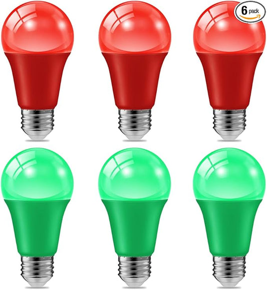 haraqi 6 Pack 9W (60W Equivalent) 120V E26 Base A19 LED Colored Light Bulb, Red Green LED Lights for Party Christmas Decor and Halloween Lighting